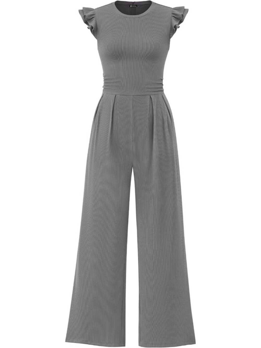 Women's Grey Crewneck Jumpsuits Cap Sleeve Ruffle Ribbed Wide Leg Casual Romper